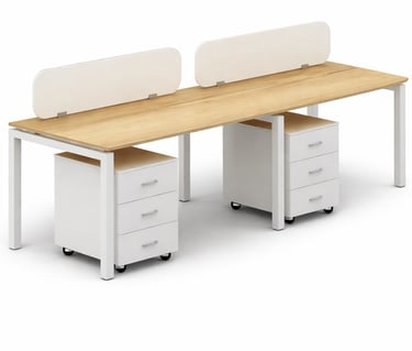 Modern 2-person office workstation with light oak wood desktop, privacy screens, and white mobile file cabinets.