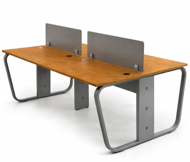 Modern 4-person workstation featuring a cherry wood finish tabletop with gray metal privacy screens and legs.
