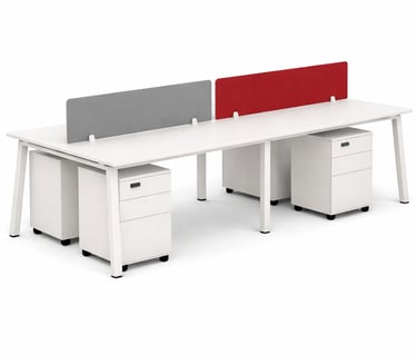 Modern white four-person office workstation with red and grey privacy screens and mobile filing cabinets.