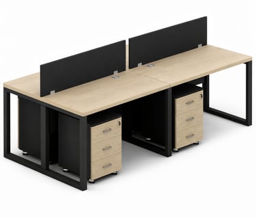 Four-person office workstation with light oak tabletops, black metal frames, and privacy screens.