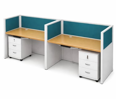 Two person modern office workstation cubicle with teal privacy screens and white mobile pedestals.