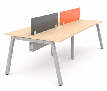 Modern four-person office workstation with light oak tabletop, grey metal legs, and colorful privacy screens.