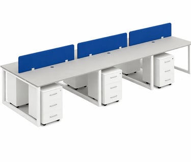 Six-person office workstation desk with white frames, blue privacy screens, and mobile file cabinets.