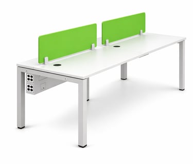 Modern white double office workstation with green privacy screens and integrated power outlets.