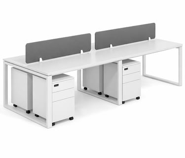 White 4-person office workstation desk with grey acoustic privacy screens and mobile filing cabinets.