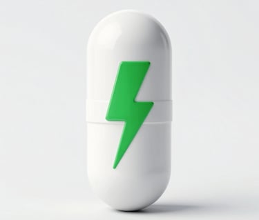 Dumbbells with protein powder scoop and workout supplement capsules with glowing green energy.