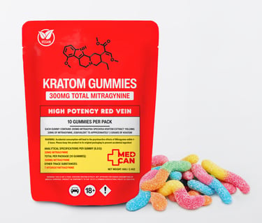 Red bag of high potency red vein kratom gummies with colorful sugar-coated gummy worms on a white background.