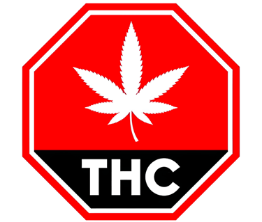 Red stop sign icon with a white cannabis leaf and THC text for marijuana product labeling.