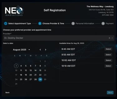 Self registration selecting date and time