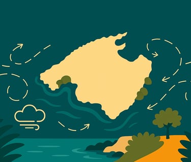 Cala riparata a Maiorca con acqua turchese e scogliere, illustrazione minimalista di Maiorca Unlocked