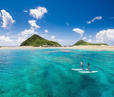 surfing in okinawa- picture of a couple surfing outside of okinawa island