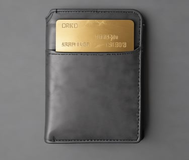 A hand is holding a blue credit card above a white card reader placed on a dark surface. The card features contactless payment symbols, and the reader is positioned on a wooden table.