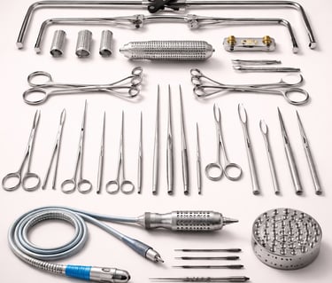 Neurosurgery instruments including forceps, scissors, and retractors on a white background.
