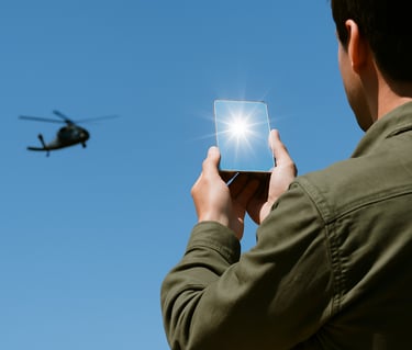 Man flashing smartphone at helicopter for signaling rescue using sunlight reflection