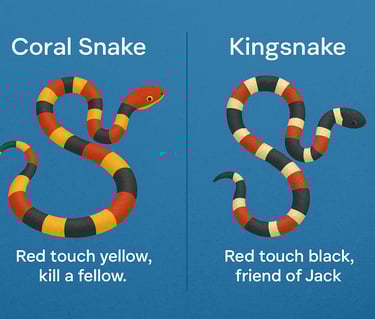Coral snake and kingsnake visual comparison chart with color pattern guide for identifying venomous snakes in wild