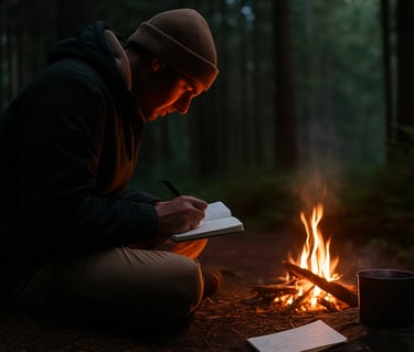 Camper journaling by fire at night staying mentally focused and organized in survival situation deep in the woods