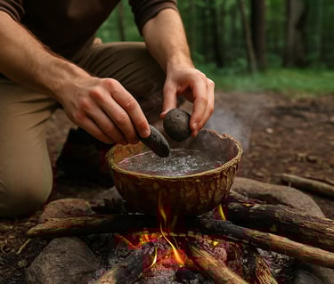 Man using stone grinding bowl on campfire for primitive wilderness cooking