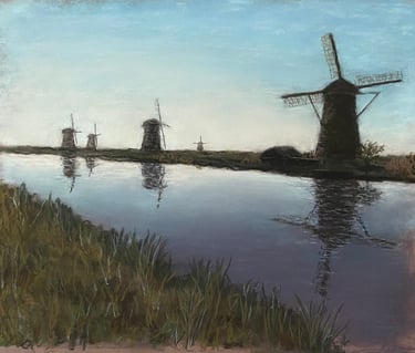 Tableau au pastel - Les moulins de Kinderdijk
