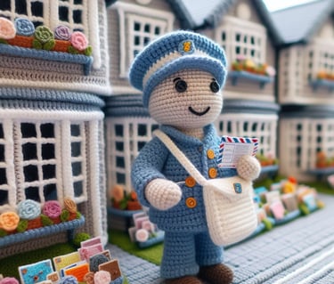 a crochet doll with a mailman in a blue outfit