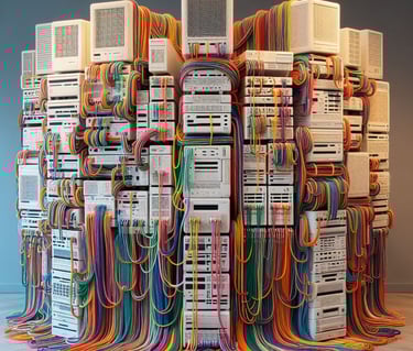 a large pile of computer equipment with many wires and wires