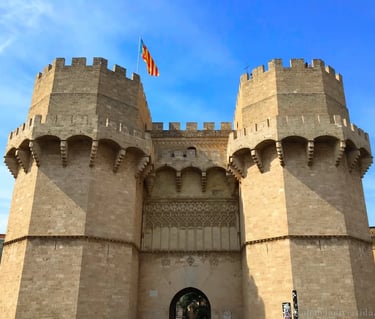 Imposing Gothic Serranos Towers, medieval city gates and iconic landmark of Valencia's historic