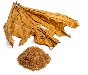 Pile of tobacco leaves and a pile of tobacco.