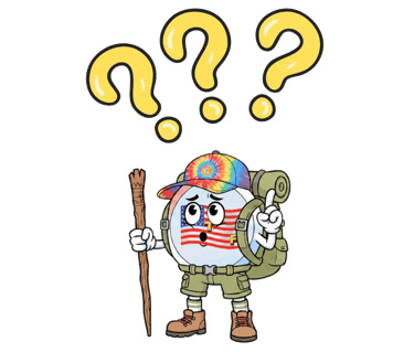 Confused American Travel Fun hiker mascot holding a walking stick with large yellow question marks above its head.
