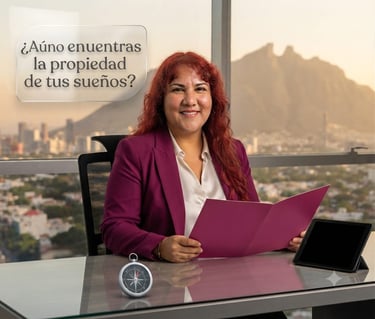 Agente inmobiliario sonriente con un blazer morado sosteniendo una carpeta