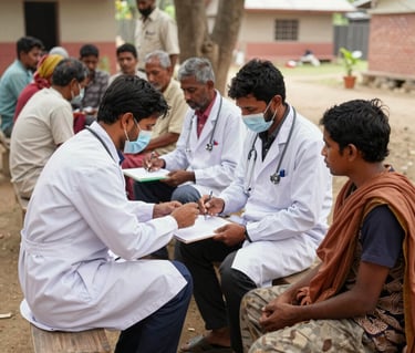 A group of volunteers warmly interacting with local families in an Indian village.