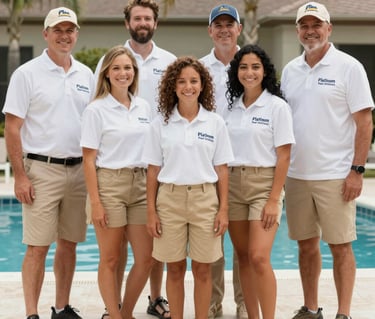 A warm family portrait of the founders and current team of Platinum Pool Solutions standing beside a custom-built backyard swimming pool.