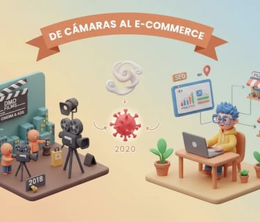 a man in a yellow shirt is sitting at a desk with a camera and a