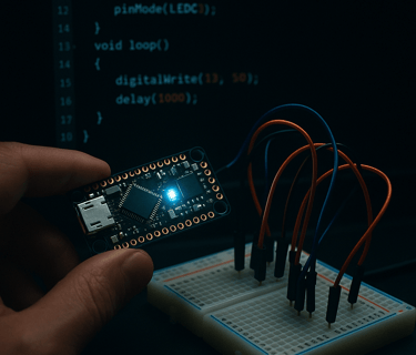 image of esp32 being programed along side with a bread board and jumper wires