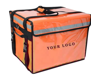 orange color courier bag with shoulder strap and written your logo