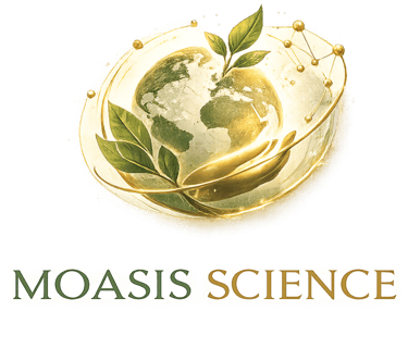 Logo da Moasis Science, um globo terrestre dourado brilhante com folhas verdes e estruturas molecula