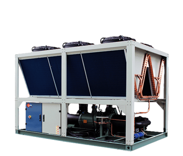 Industrial air-cooled chiller system with copper piping and cooling fans.