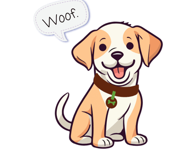 The Julia's Pet Pal dog with a red collar sitting down with a speech bubble that says 'Woof!"