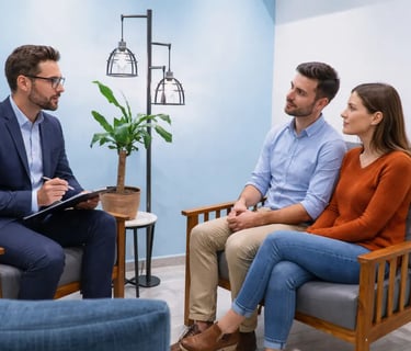 a man and woman sitting in chairs in a waiting room