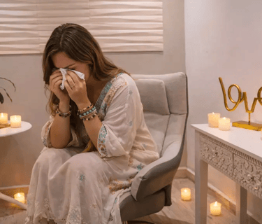 a woman in a chair with candles and candles