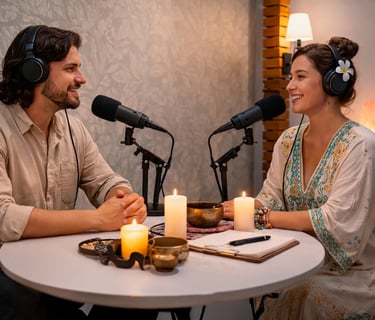 a man and woman sitting at a table with candles