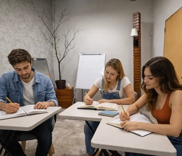 a man and woman sitting at a table with notebooks
