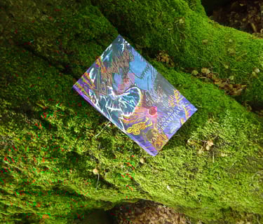 Livre de Dark Fantasy reposant sur les racines recouvertes de mousse verte d'un arbre.