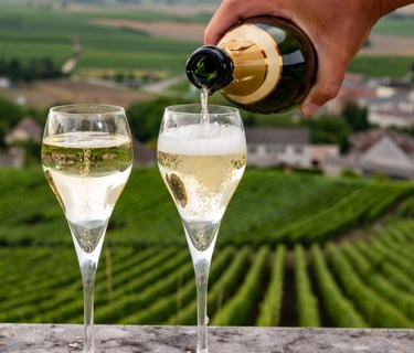 Champain served in glasses with vineyards