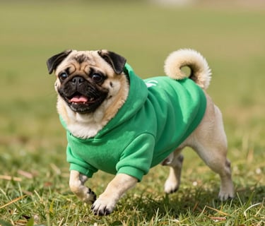 perro pug feliz que lleva una sudadera con capucha de color verde brillante, corriendo por el césped
