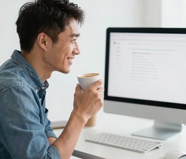 Cliente satisfecho cerrando un ordenador portátil tras completar sus gestiones contables con éxito