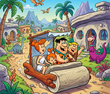 Fred Flintstone e sua família dirigindo um carro de pedra por Bedrock, com dinossauros e palmeiras.