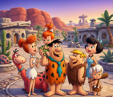 Os personagens de Os Flintstones e Rubbles em frente a casas da Idade da Pedra em Bedrock.