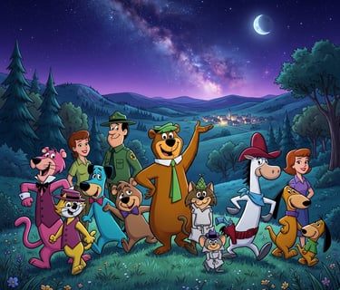 Personagens da Hanna-Barbera, incluindo Zé Colmeia e Huckleberry Hound, reunidos sob um céu estrelad