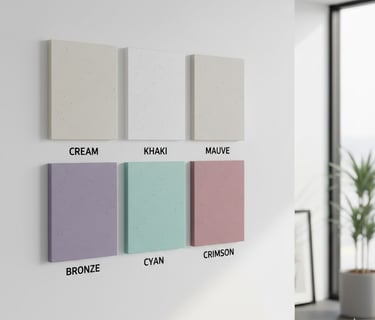 Minimalist wall display of six textured rectangular color swatches in cream, khaki, mauve, bronze, cyan, and crimson.