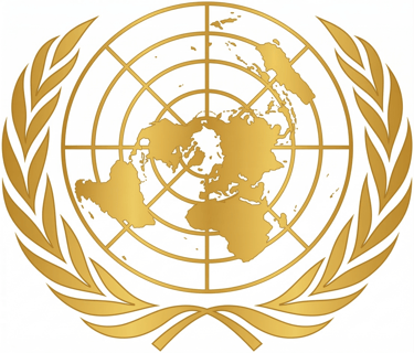 Gold United Nations logo featuring a world map projection framed by olive branches on a white background.