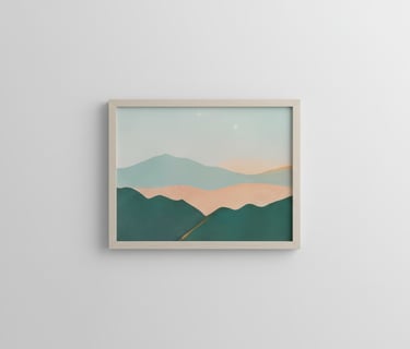 A framed piece of wall art featuring a minimalist landscape illustration with soft, layered hills in earthy and teal tones.
